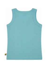 Canotta senza maniche in cotone azzurro chiaro con scollo rotondo. Presenta un piccolo etichetta multicolore sul bordo inferiore sinistro.