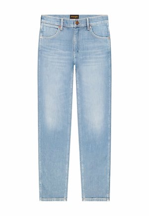 Jeans Wrangler azzurri a gamba dritta con chiusura frontale a bottone, cerniera e design a cinque tasche.