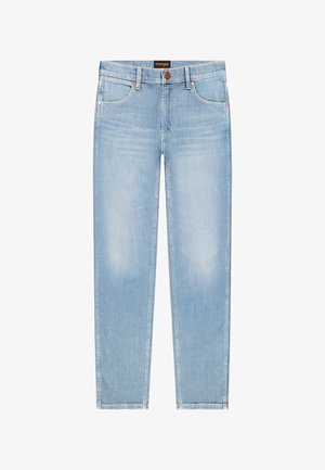 Jeans Wrangler azzurri a gamba dritta con chiusura frontale a bottone, cerniera e design a cinque tasche.