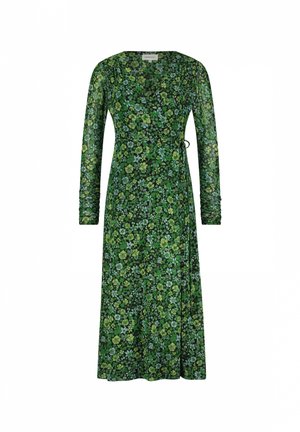 Grünes Blumenkleid mit langen Ärmeln, das eine Vielzahl von grünen und blauen Blumenmustern auf einem dunklen grünen Hintergrund zeigt.