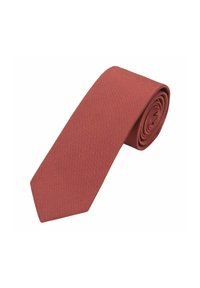 Textured, deep red tie, tapered shape, features a subtle ribbed pattern, rolled for display. Suitable for formal occasions.