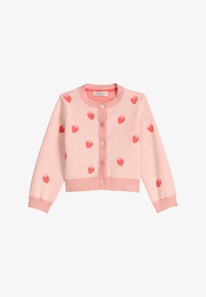 Rosa gestrickte Strickjacke mit roten Erdbeermustern, vorne mit Knöpfen, gerippte Bündchen und Saum, mit Marc O'Polo-Etikett.