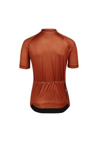 Korte mouwen fietsjersey in roestoranje, gemaakt van gladde stof. Beschikt over een geplooide achterkant, zwarte onderzoom en een ritszak aan de zijkant.
