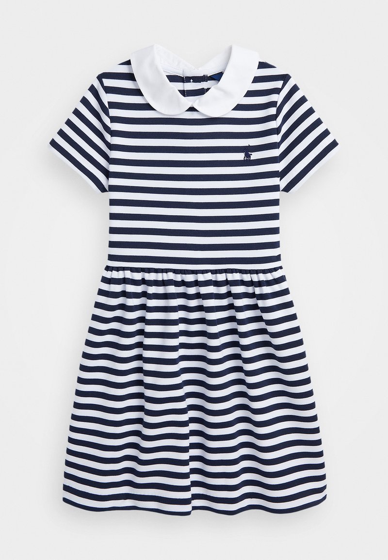 Stripet kjole i marineblått og hvitt, med en rund hvit krage, korte ermer og rynket skjørt. Mykt og elastisk stoff. Liten logodetalj.