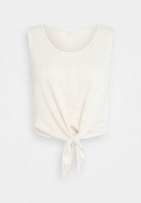 Bílý bezrukávový top s světle béžovými pruhy, s kulatým výstřihem a zavázanou uzlinou v pase, s knoflíky vpředu.