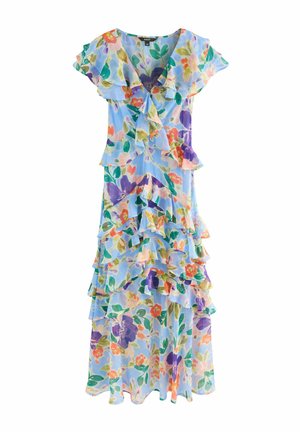 Robe maxi à motifs floraux en bleu clair, avec des manches volantées et des couches superposées. Le matériau semble léger et fluide.