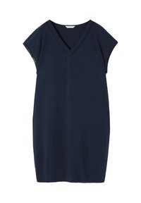 Robe bleu marine avec un décolleté en V et des manches courtes, fabriquée dans un matériau doux. Présente une bordure en dentelle le long du décolleté et une coupe droite.