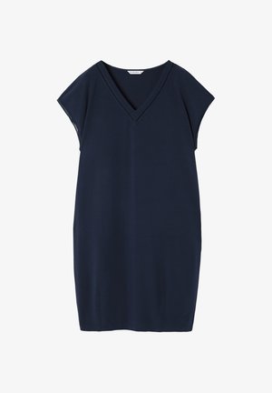 Rochie bleu marin cu decolteu în V și mâneci scurte, realizată dintr-un material moale. Prezintă dantelă pe marginea decolteului și are un croi drept.