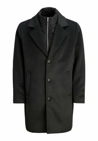 Schwarzer Wollmischungs-Mantel mit Reverskragen, vier Knöpfen und Seitentaschen; verfügt über ein gefüttertes Innenfutter mit Reißverschluss für zusätzliche Wärme.