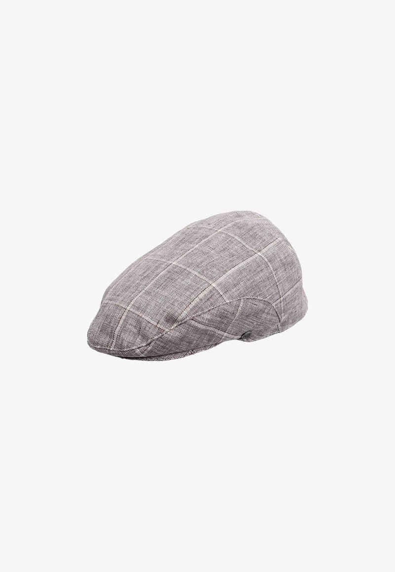 Gray plaid cap made of woven fabric with a smooth texture and a rounded shape. Features stitched seams and a small accent logo.