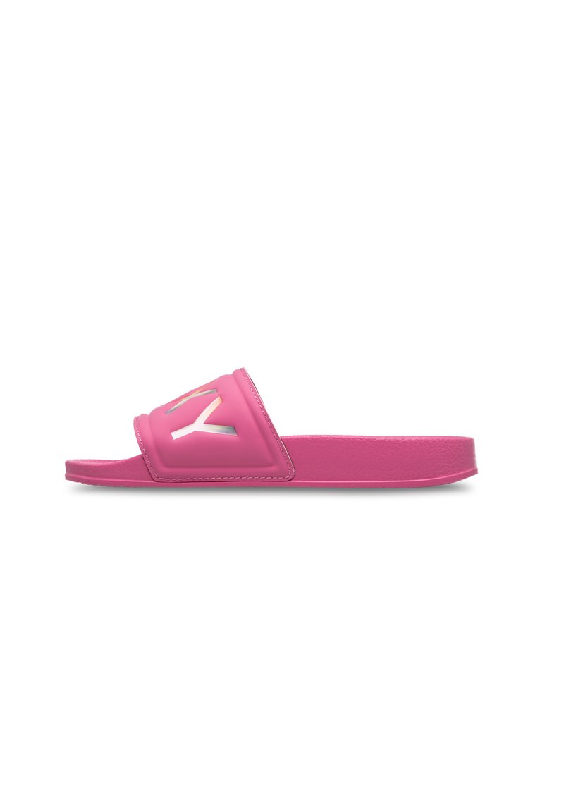 Pink slide sandal featuring a glossy upper with a logo cutout, textured footbed, and flat sole for casual wear.