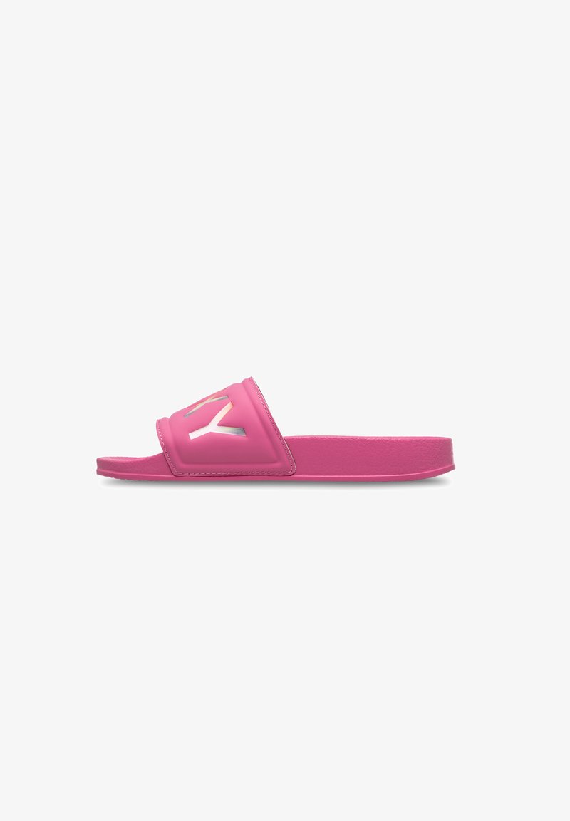 Pink slide sandal featuring a glossy upper with a logo cutout, textured footbed, and flat sole for casual wear.