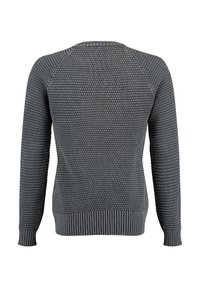 Maglione grigio con una superficie texturizzata e a trama, con polsini e orlo a coste. Presenta un collo rotondo e maniche raglan per una vestibilità rilassata.