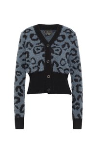 Leopardmønster cardigan i blå og sort, med V-hals, knaplukning, lange ærmer og ribbet kant. Blødt, tekstureret stof.