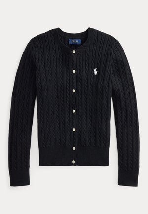 Cardigan noir en maille torsadée avec boutons en perle et logo blanc Polo Ralph Lauren sur la poitrine gauche, col rond et manches longues.