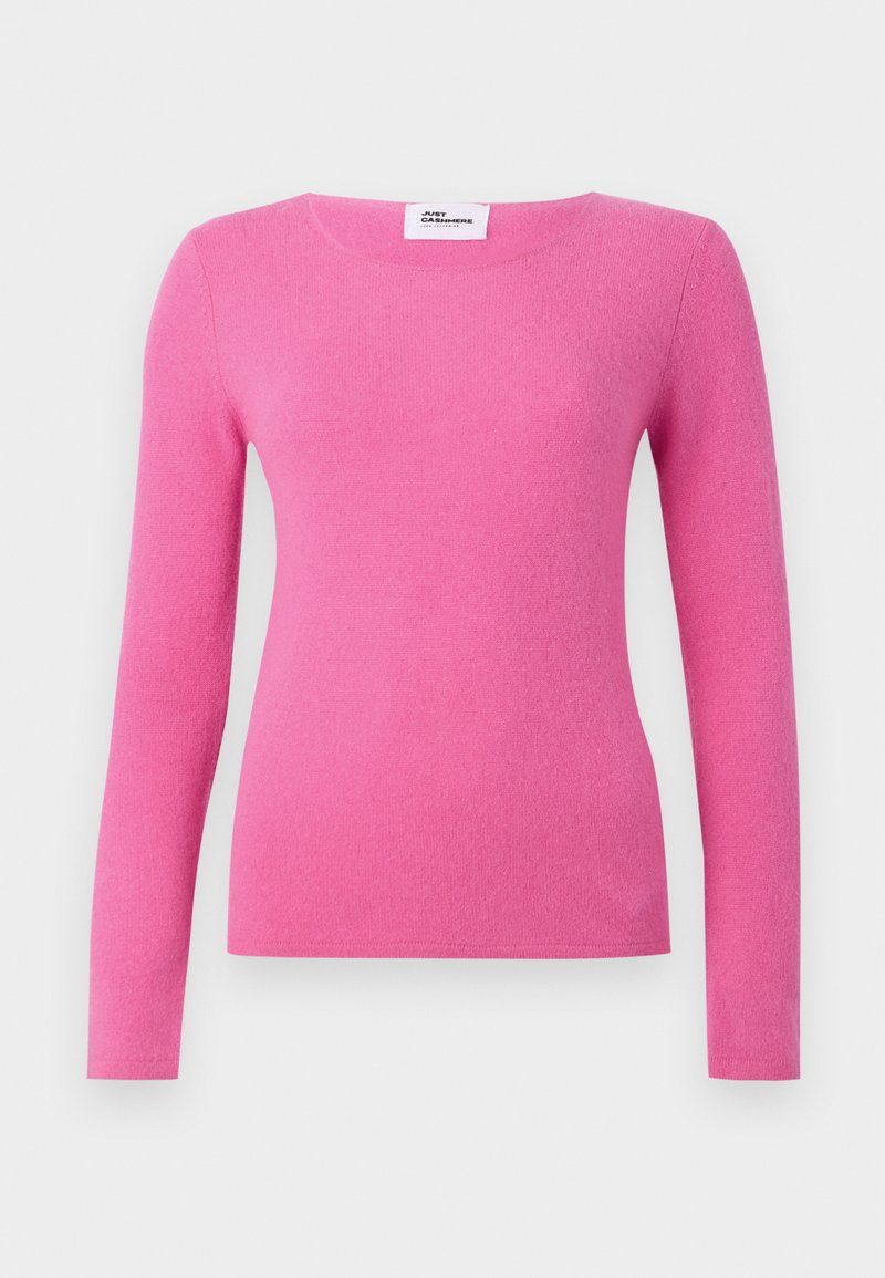 Figurbetontes langärmeliges Sweater aus weichem, pinkem Kaschmir mit Rundhalsausschnitt und gerippten Bündchen, das eine glatte Textur und ein schlichtes Design präsentiert.