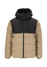 Vadderad jacka med svart övre del och beige nedre del. Har en huva, dragkedja fram och två sidofickor. Slät textur.