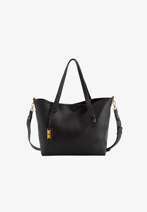 Borsa tote nera in pelle con finitura testurizzata, hardware dorato, manici doppi e tracolla regolabile. Dotata di chiusura a scatto.