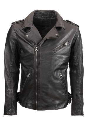Veste de moto en cuir noir avec un col cranté, plusieurs poches zippées et des boucles latérales. Texture lisse avec un design ajusté.