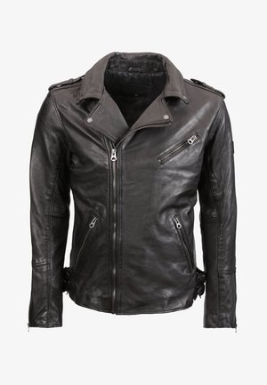 Giacca da moto in pelle nera con colletto a punte, numerose tasche con zip e fibbie laterali. Texture liscia con un design aderente.