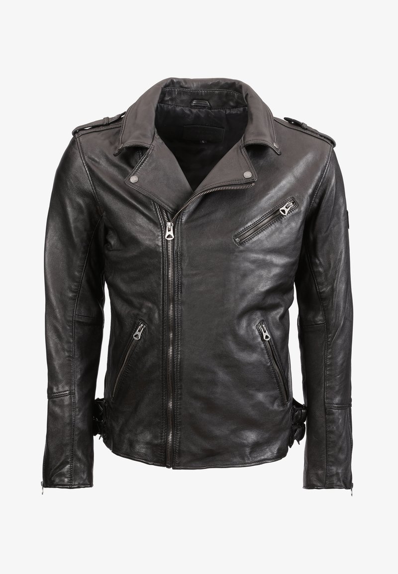 Schwarze Leder-Motorradjacke mit Reverskragen, mehreren Reißverschlusstaschen und seitlichen Schnallen. Glatte Textur mit taillierter Passform.