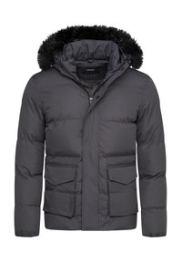 Dunkelgraue Steppjacke mit einem mit Kunstfell gefütterten Kapuzenrand, Reißverschluss vorne und zwei großen Klappentaschen. Mit gestepptem Muster.