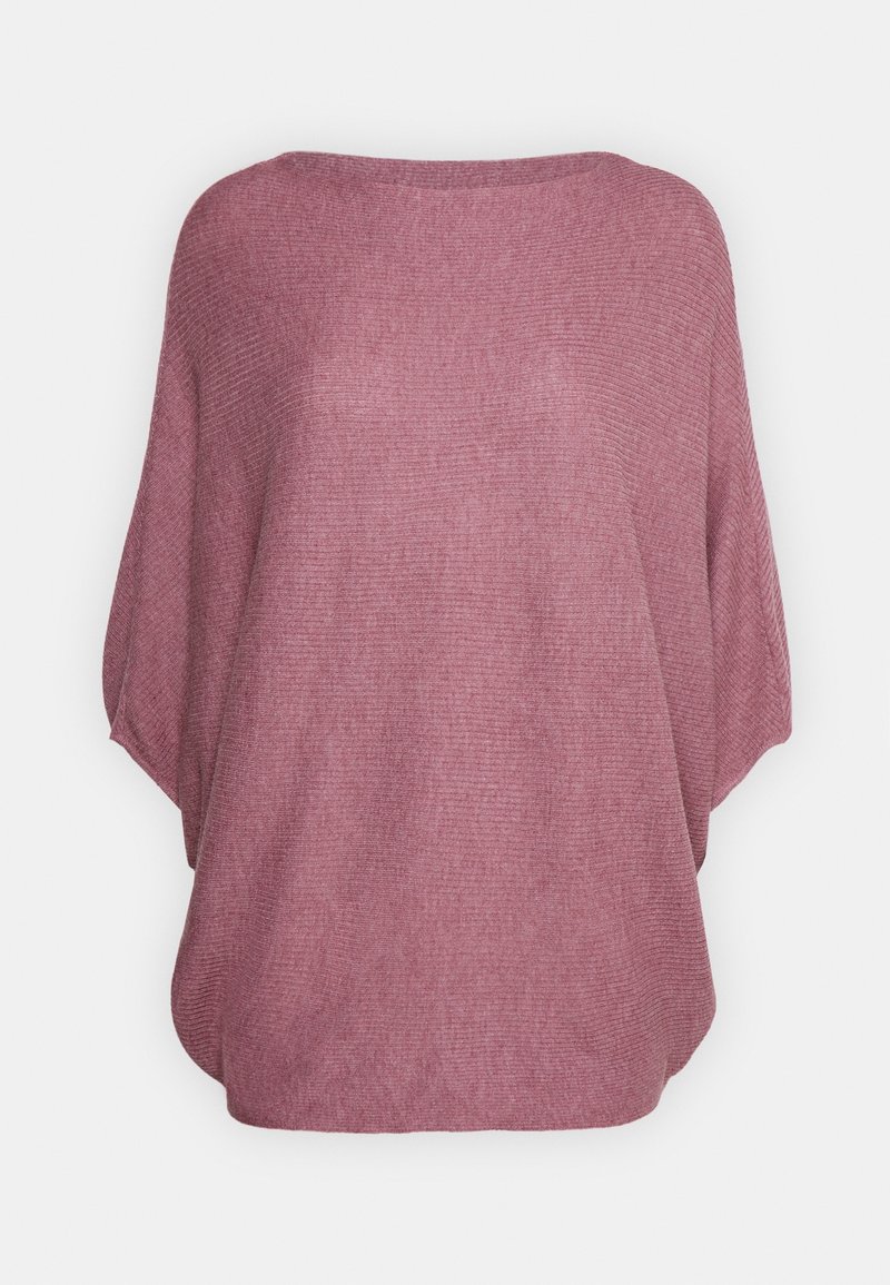 Överdimensionerad stickad topp i mjuk mauve, med ribbat mönster, vid halsringning och batwing-ärm. Designen ger en avslappnad passform.