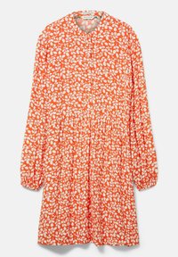 Robe orange avec un motif de feuilles blanches, dotée de manches longues, d'un col arrondi et d'une taille froncée. Fabriquée en tissu léger.