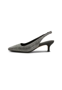 Schwarze Slingback-Fersen mit spitzem Zehenbereich, verziert mit silbernen Strasssteinen, aus texturiertem Stoff und mit niedrigem Absatz. Besitzt ein elegantes, modernes Design.