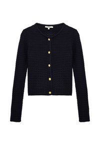 Tummansininen neulecardigan, jossa on teksturoitu kuosi, pyöreä kaula-aukko ja kuusi kultaa nappia edessä. Pitkät hihat, joissa on ribbineuleesta valmistetut hihansuut.