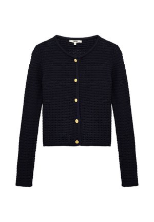 Navy gebreide cardigan met een gemêleerd patroon, ronde halslijn en zes gouden knopen aan de voorkant. Lange mouwen met ribgebreide cuffs.
