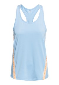 Ljust blå atletisk tanktop i glatt tyg, med racerback-design och kontrasterande orange sidodetaljer med "ROXY"-logotyp.
