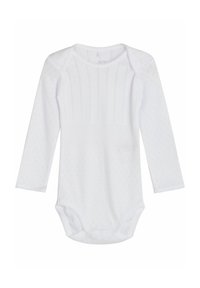 Weißer langärmeliger Bodysuit mit strukturiertem Strickmuster, gerippten Details und Druckknopfverschluss im unteren Bereich. Weicher Stoff, runder Ausschnitt.