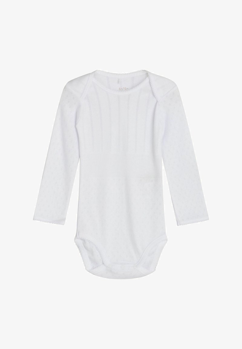 Bodysuit blanco de manga larga con patrón de punto texturizado, detalles acanalados y cierre de presión en la parte inferior. Tejido suave, escote redondeado.