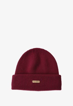 Burgundy knit beanie with ribbed texture, featuring a folded cuff and a small metal label with "BELLEMERE NEW YORK."