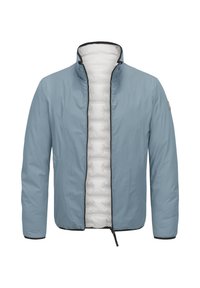 Hellblaues Jacket mit Stehkragen, Reißverschluss und weißem, gepolstertem Futter. Verfügt über elastische Bündchen und ein schwarzes Saumdetail.