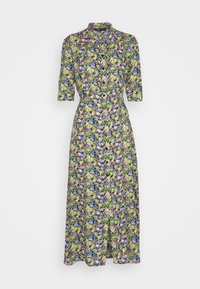 Robe midi à motifs floraux en tissu léger, avec des manches courtes, un col et des motifs floraux multicolores dans les tons vert, bleu et violet.