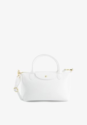 Witte leren handtas met bovenhandvatten, afneembare schouderriem, klep met gouden knop en geperst Venezia-logo.