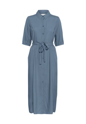 Blue button-up midi dress with short sleeves, tied waist, pockets, and soft fabric. Features a classic collar and a straight silhouette.