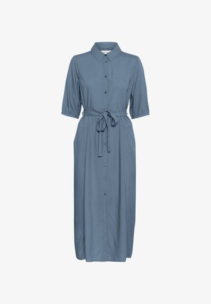 Robe midi bleu à boutons avec manches courtes, taille cintrée, poches et tissu doux. Présente un col classique et une silhouette droite.