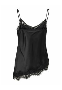 Czarny satynowy top na cienkich ramiączkach, z koronkową lamówką i asymetrycznym dołem, dodającym tekstury i detali do projektu.