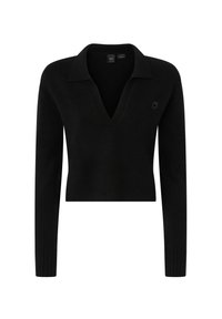 Crni skraćeni pulover s V-izrezom, dugim rukavima, rebrastim porubom i suptilnim detaljem loga. Izrađen od mekanog pletenog materijala.