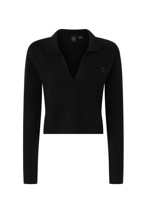 Maglione corto nero con scollatura a V, maniche lunghe, orlo a coste e un sottile dettaglio del logo. Realizzato in morbido tessuto lavorato a maglia.