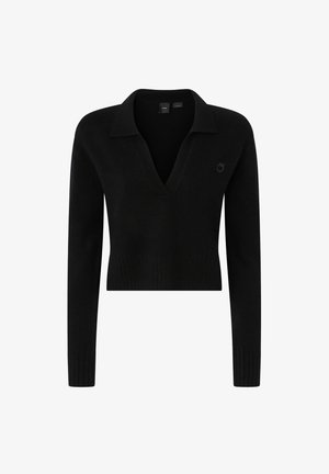 Maglione corto nero con scollatura a V, maniche lunghe, orlo a coste e un sottile dettaglio del logo. Realizzato in morbido tessuto lavorato a maglia.