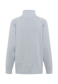 Pull en tricot bleu clair à manches longues avec col, poignets et base côtelés, vu de dos sur fond blanc.