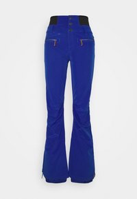 Niebieskie spodnie narciarskie z wysokim stanem, czarnym pasem, kieszeniami na zamek i szerokimi, rozkloszowanymi nogawkami. Gładka struktura, odpowiednie do uprawiania sportów zimowych.