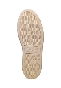Suola di scarpa beige con un design testurizzato ondulato. Presenta un dettaglio del logo stampato e bordi arrotondati per comfort e trazione.