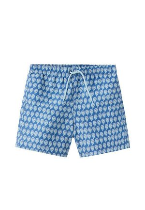 Niebieskie szorty kąpielowe z elastycznym pasem i jasnoniebieskim sznurkiem, zdobione powtarzającym się białym wzorem muszelek.