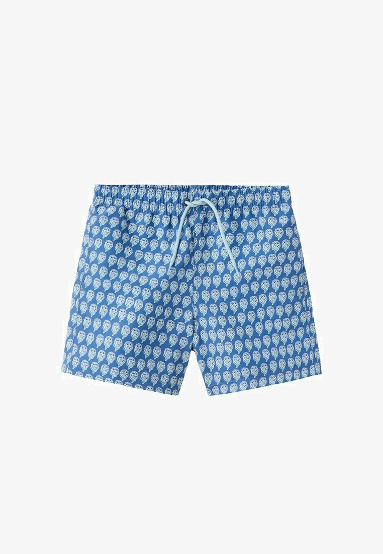 Shorts de bain bleus avec taille élastique et cordon de serrage bleu clair, avec un motif répétitif de coquillages blancs.