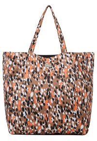 Grand sac fourre-tout en tissu enduit, avec une base marron et un motif dispersé en orange, noir et blanc. Deux anses robustes.
